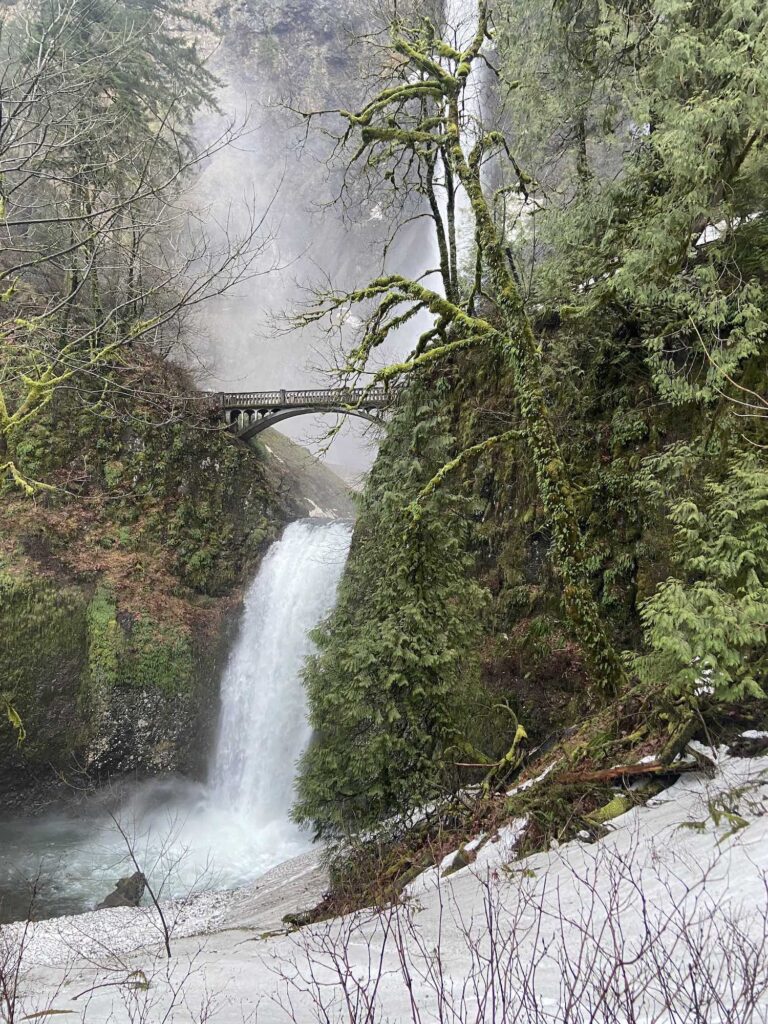 a tiered waterfall plunges over a snowy, mossy cliffside